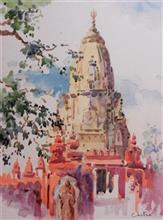 Temple in Banaras, Painting by Chitra Vaidya, Watercolour on Paper, 11.5 x 9 inches