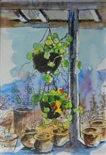 At Somerset Lodge, Mukteshwar - 1, Painting by Chitra Vaidya, Ink & Watercolour on Paper, 9.5 x 6.5 inches