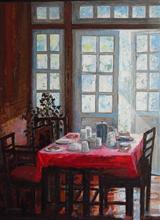 At the Lunch Table, Painting by Chitra Vaidya, Oil on Canvas, 48 x 36 inches