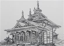 Badri Narayan Temple, Himachal, Painting by Chitra Vaidya, Pen & Ink on Paper, 8 x 10.5 inches
