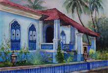 Blue House - 1, Painting by Chitra Vaidya, Watercolour on Paper, 14 x 21 inches