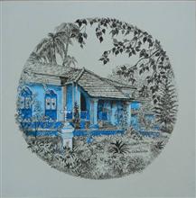 Blue House - 2, Painting by Chitra Vaidya, Acrylic on Canvas, 24 x 24 inches