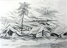 Campsite at River Ramganga Kumaon - 2, Painting by Chitra Vaidya, Ink & Charcoal on Paper, 8 x 10.5 inches