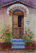Door with Blue Steps, Painting by Chitra Vaidya, Watercolour on Paper, 21 x 14 inches
