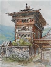 Kamru Fort, Himachal, Painting by Chitra Vaidya, Charcoal & Watercolour on Paper, 11 x 8 inches