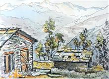 Kumaon Landscape - 24, Painting by Chitra Vaidya, Ink & Watercolour on Paper, 8 x 11 inches