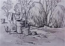 Rural Life in Kumaon - 4, Painting by Chitra Vaidya, Ink & Charcoal on Paper, 8 x 10.5 inches