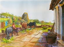Rural Life in Kumaon - 3, Painting by Chitra Vaidya, Watercolour on Paper, 10 x 14 inches