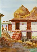 Rural Life in Kumaon - 1, Painting by Chitra Vaidya, Watercolour on Paper, 14 x 10 inches