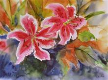 Red Lily Flowers, painting by Chitra Vaidya, Watercolour on Paper, 10 x 14 inches