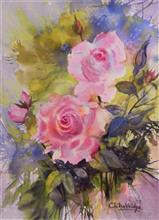 Pink Roses - 2, painting by Chitra Vaidya, Watercolour on Paper, 14 x 10 inches