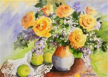 Still Life with Yellow Roses, Painting by Chitra Vaidya, Watercolour on Paper, 10 x 14 inches