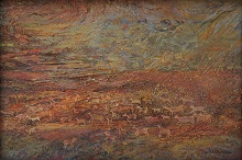 Rock Art at Bhimbetka - 1, painting by Chitra Vaidya, Oil on Canvas, 24 x 36 inches