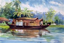 Houseboat, Kerala Painting by Chitra Vaidya