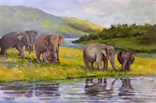 Tuskers at Periyar, Painting by Chitra Vaidya, Acrylic on Canvas, 24 x 36 inches