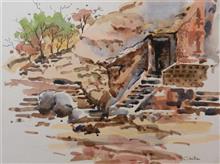 Kanheri Caves, Landscape Painting by Chitra Vaidya, Watercolour on paper, 9 x 12 inches
