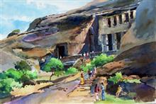 Kanheri Caves, Landscape Painting by Chitra Vaidya, Watercolour on paper, 14 x 21 inches