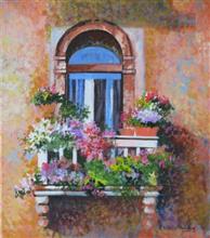 Floral Balcony - 2, Painting by Chitra Vaidya, Acrylic on Canvas, 16 x 14 inches