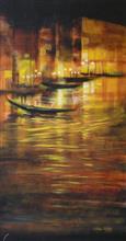 Golden Night, Venice  Painting by Chitra Vaidya, Acrylic on Canvas, 30 x 16 inches