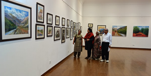 Chitra Vaidya with visitors at the art gallery at Nehru Centre, Mumbai