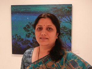 Chitra Vaidya with her painting -  Starry Night in the Hills