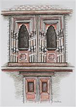 My Ink and Charcoal sketch of a carved wooden window from a haveli near Ranikhet, Kumaon